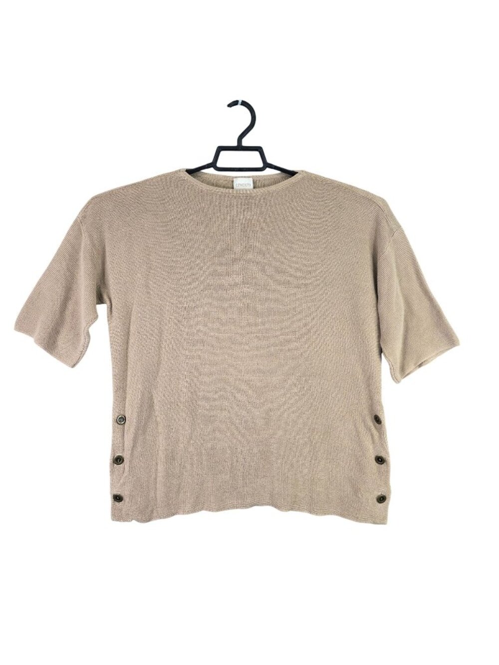 Womens Chicos Beige Knit Short Sleeve Ribbed Top Side Button Accents Size 1